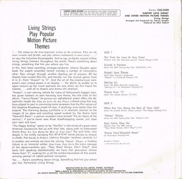 Living Strings : Airport Love Theme And Other Motion Picture Themes (LP, Album, RE)