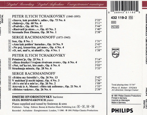 Dmitri Hvorostovsky, Oleg Boshniakovich*, Serge Rachmaninoff*, Peter Ilyich Tchaikovsky* : Russian Romances (CD, Album)