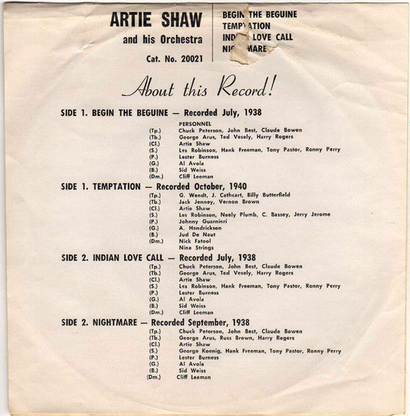 Artie Shaw And His Orchestra : Begin The Beguine (7", EP)