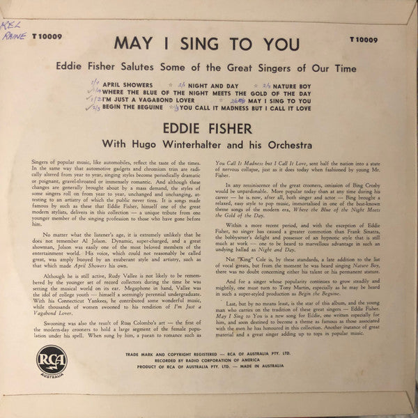 Eddie Fisher With Hugo Winterhalter Orchestra : May I Sing To You (10", Album, Mono)