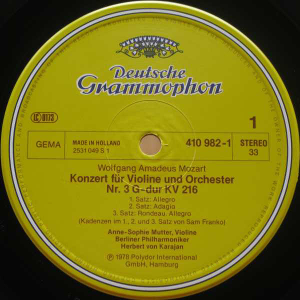 Wolfgang Amadeus Mozart - Berliner Philharmoniker, Herbert Von Karajan, Anne-Sophie Mutter : Violinkonzerte = Violin Concertos Nos. 3 & 5 (LP, Album)