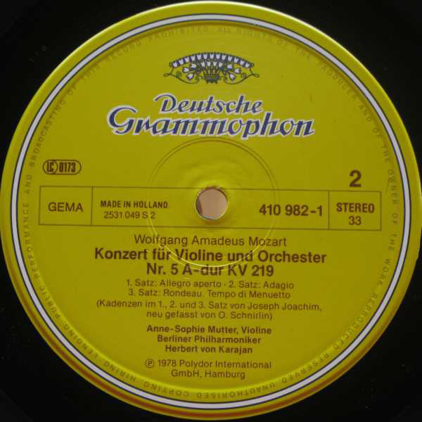Wolfgang Amadeus Mozart - Berliner Philharmoniker, Herbert Von Karajan, Anne-Sophie Mutter : Violinkonzerte = Violin Concertos Nos. 3 & 5 (LP, Album)