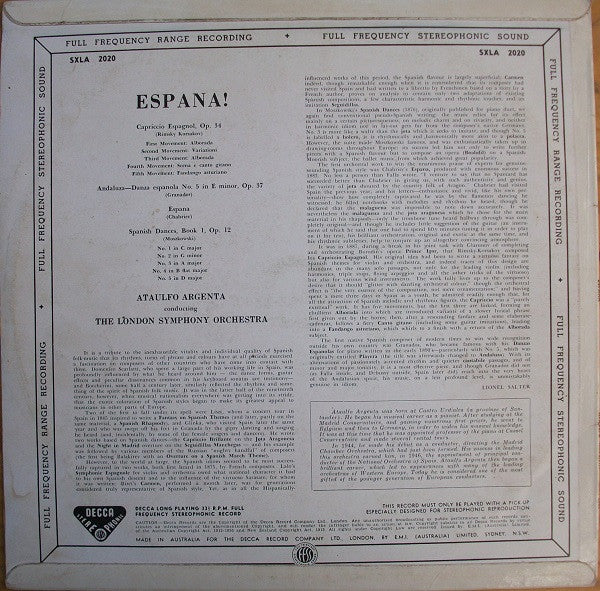 Rimsky-Korsakov*, Granados*, Moszkowski*, Ataúlfo Argenta - London Symphony Orchestra : España- Capriccio Espagnol,Andalusia, Espana Rhapsody, Spanish Dances (LP)