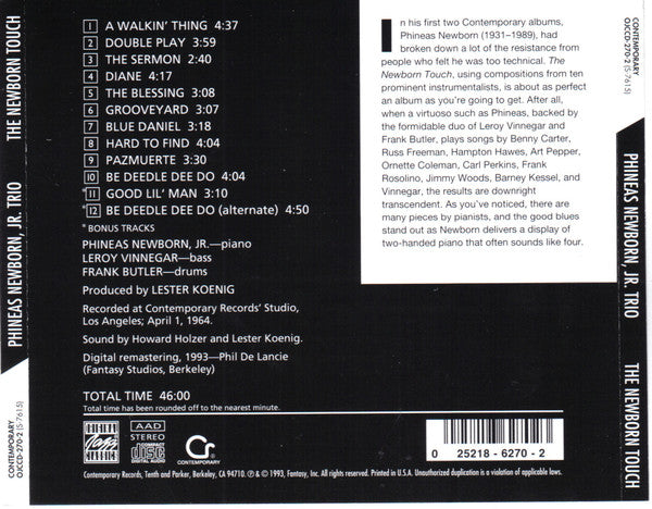 Phineas Newborn Trio : The Newborn Touch (CD, Album, RE, RM)