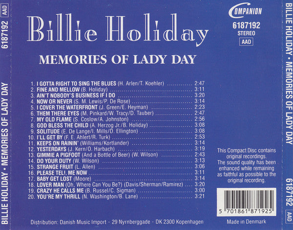 Billie Holiday : Memories Of Lady Day (CD, Comp)