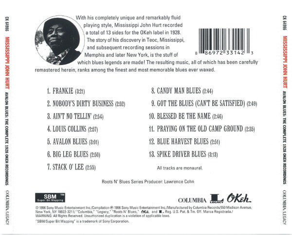 Mississippi John Hurt : Avalon Blues: The Complete 1928 Okeh Recordings (CD, Comp, Mono, RE, RM)