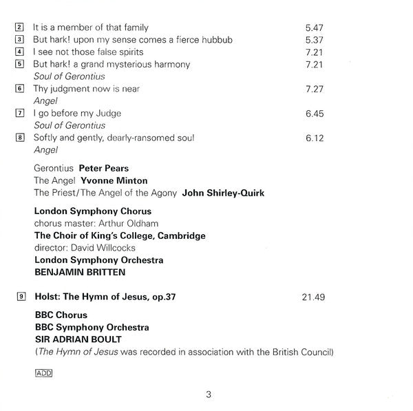 Elgar*, Holst*, Delius* - Yvonne Minton · Peter Pears · John Shirley-Quirk / London Symphony Chorus, King's College Choir, Cambridge*, London Symphony Orchestra - Benjamin Britten : The Dream Of Gerontius (2xCD, Comp, RM)