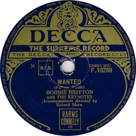 Bobbie Britton And The Keynotes : Wanted / Lost (Shellac, 10", Single)