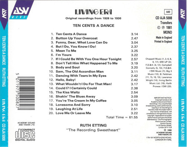 Ruth Etting : Ten Cents A Dance (CD, Comp, Mono)