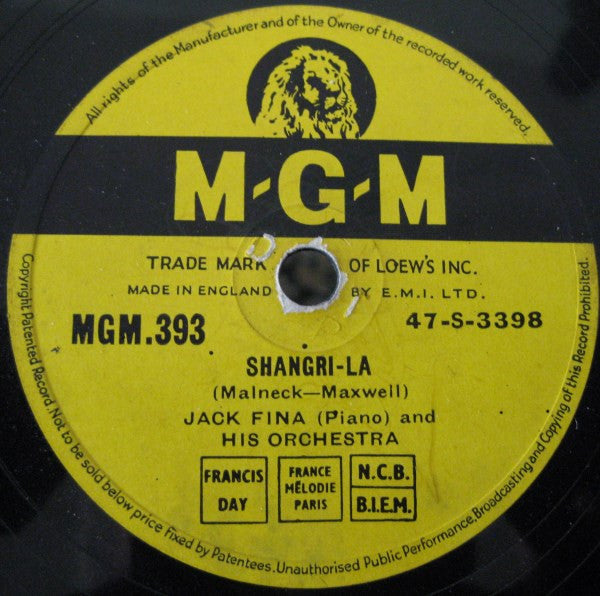 Jack Fina And His Orchestra : Shangri La / Always You (Shellac, 10")