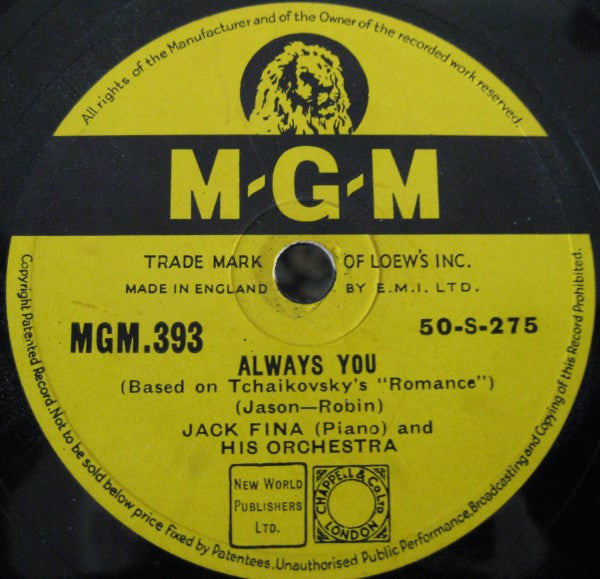 Jack Fina And His Orchestra : Shangri La / Always You (Shellac, 10")