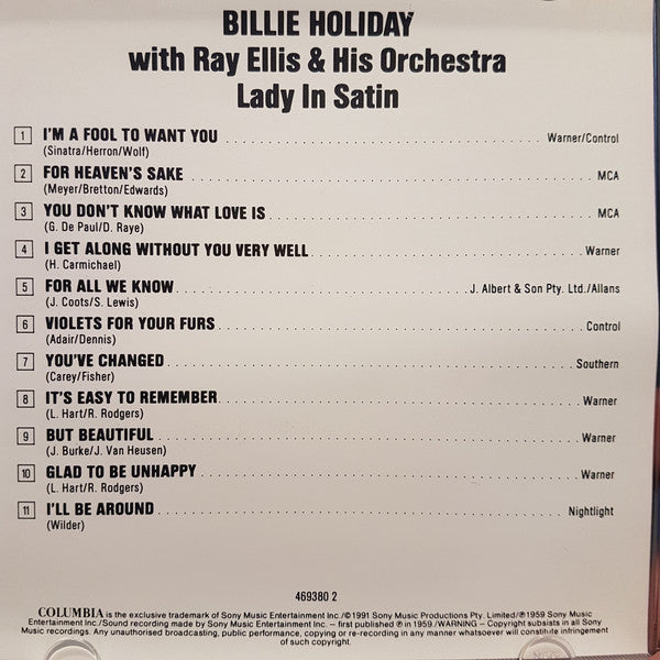 Billie Holiday With Ray Ellis And His Orchestra : Lady In Satin (CD, Album, RE, RM)