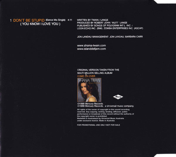 Shania Twain : Don't Be Stupid (You Know I Love You) (CD, Single, Promo)