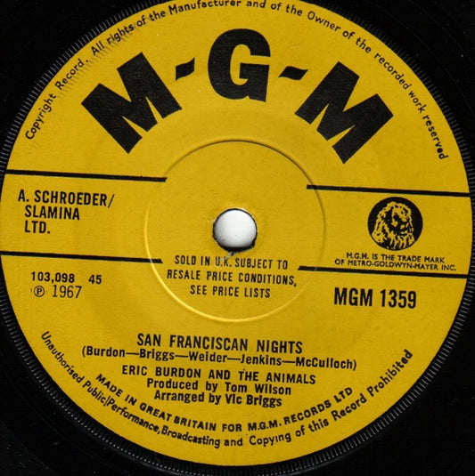 Eric Burdon & The Animals : San Franciscan Nights / Gratefully Dead (7", Single, Sol)