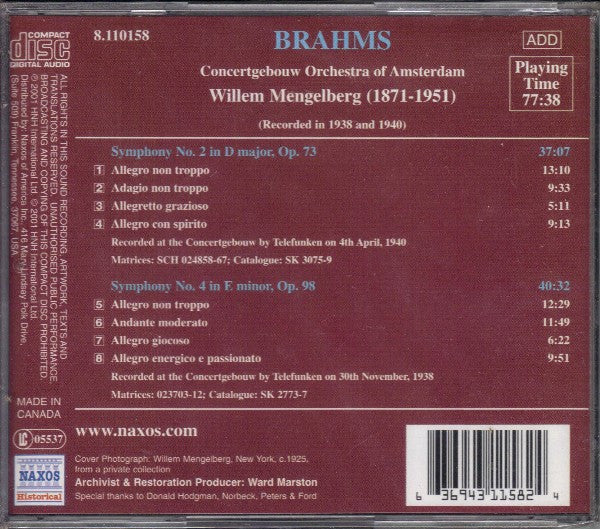 Johannes Brahms, Concertgebouworkest, Willem Mengelberg : Symphony No. 2 And Symphony No. 4 (CD, Album)