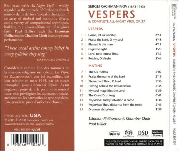 Sergei Rachmaninoff - Estonian Philharmonic Chamber Choir, Paul Hillier : Vespers & Complete All-Night Vigil (SACD, Hybrid, Multichannel, Album, RE)