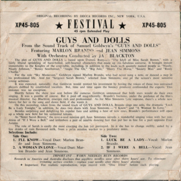 Marlon Brando / Jean Simmons (2) : Samuel Goldwyn's Guys And Dolls (7", EP)