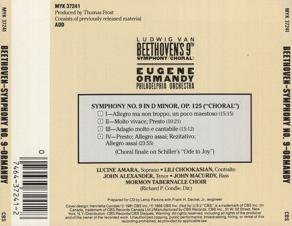 Beethoven*, Amara*, Chookasian*, Alexander*, Macurdy*, Ormandy*, Philadelphia Orchestra*, Mormon Tabernacle Choir, Richard P.Condie* : Beethoven's 9th Symphony ("Choral") (CD, Album, RE, RP)