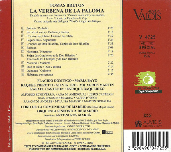 Tomás Bretón - Placido Domingo, María Bayo, Raquel Pierotti, Rafael Castejón, Silvia Tro Santafé, Milagros Martín, Enrique Baquerizo, Orquesta Sinfónica De Madrid, Antoni Ros-Marbà : La Verbena De La Paloma (CD, Album)