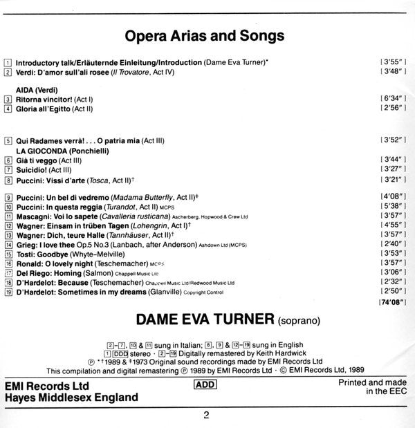 Eva Turner : Opera Arias And Songs (CD, Comp)