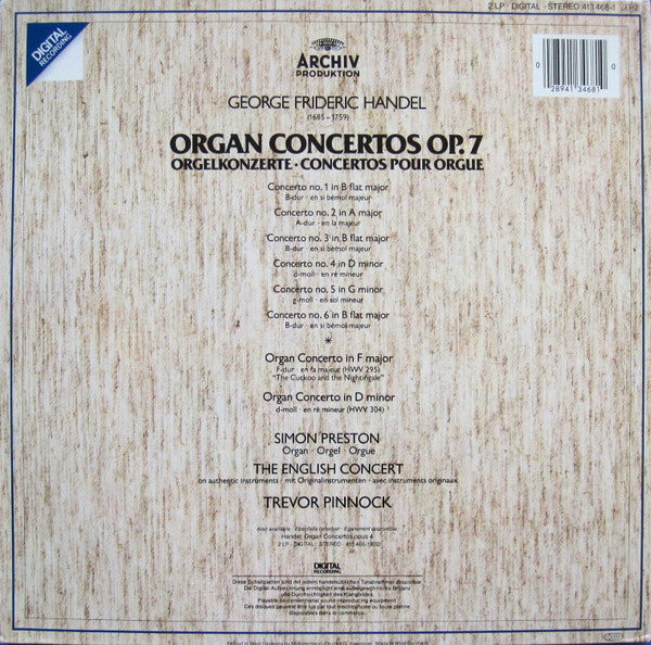 Georg Friedrich Händel, Simon Preston, The English Concert, Trevor Pinnock : Organ Concertos Op.7 (2xLP, Album, Gat)
