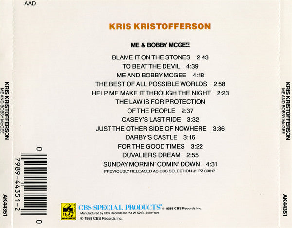 Kris Kristofferson : Me And Bobby McGee (CD, Album, RE)