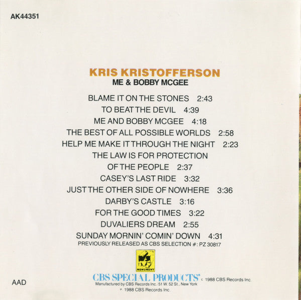 Kris Kristofferson : Me And Bobby McGee (CD, Album, RE)