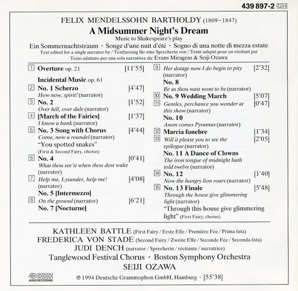 Mendelssohn* - Kathleen Battle • Frederica von Stade • Judi Dench • Tanglewood Festival Chorus • Boston Symphony Orchestra • Seiji Ozawa : A Midsummer Night's Dream (CD, Album)