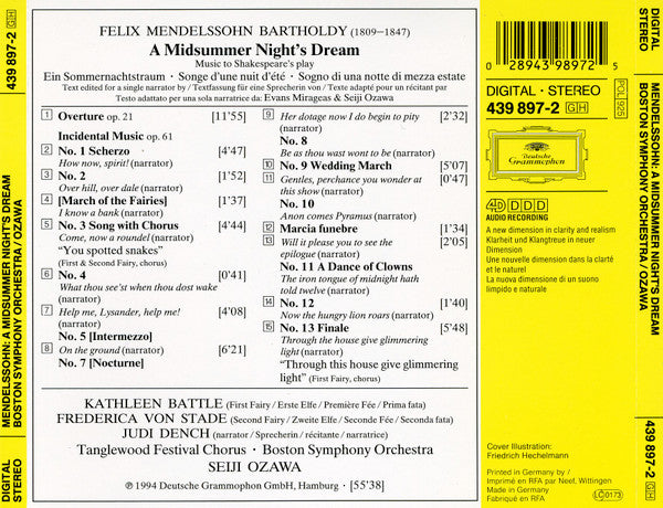 Mendelssohn* - Kathleen Battle • Frederica von Stade • Judi Dench • Tanglewood Festival Chorus • Boston Symphony Orchestra • Seiji Ozawa : A Midsummer Night's Dream (CD, Album)