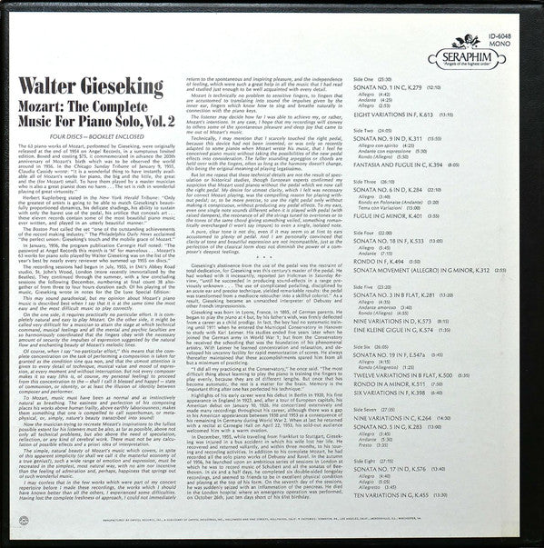 Walter Gieseking / Mozart* : The Complete Music For Piano Solo, Vol.2 (4xLP, Mono + Box, Album)