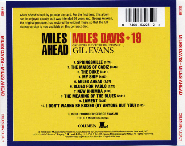 Miles Davis + 19, Gil Evans : Miles Ahead (CD, Album, Mono, RE, RM)