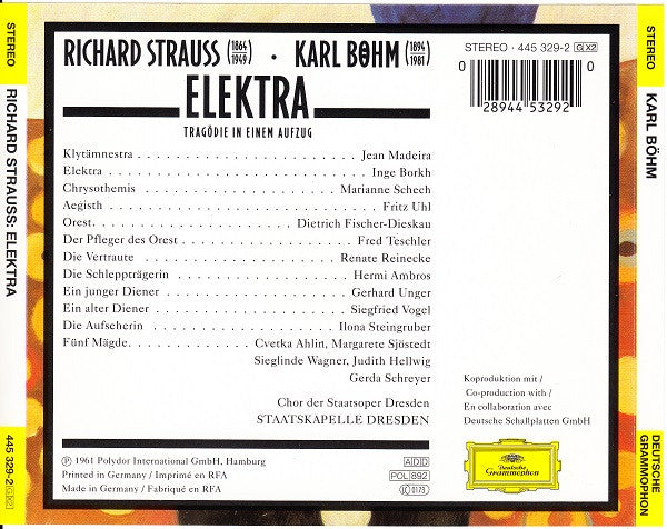 Richard Strauss - Inge Borkh · Marianne Schech · Jean Madeira · Dietrich Fischer-Dieskau · Staatskapelle Dresden · Karl Böhm : Elektra (2xCD, Album, RE)