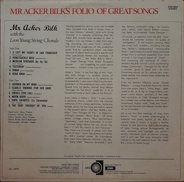 Acker Bilk : Mr. Acker Bilk's Folio Of Great Songs (LP, Album)