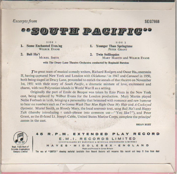 Wilbur Evans, Muriel Smith, Peter Grant (8), Mary Martin And The Drury Lane Theatre Orchestra Conducted By Reginald Burston : Excerpts From "South Pacific" (#1) (7", EP)