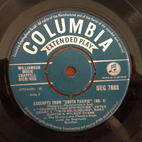 Wilbur Evans, Muriel Smith, Peter Grant (8), Mary Martin And The Drury Lane Theatre Orchestra Conducted By Reginald Burston : Excerpts From "South Pacific" (#1) (7", EP)