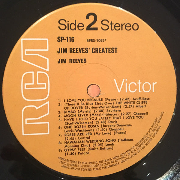 Jim Reeves : Jim Reeves' Greatest (LP, Comp)