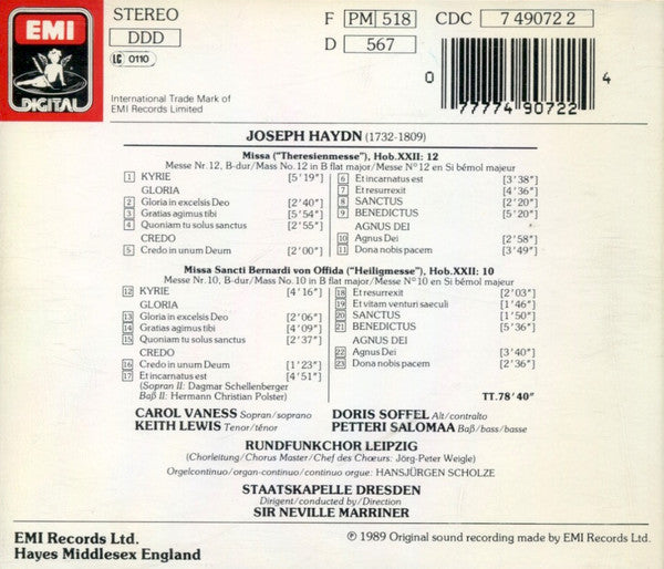 Haydn* - Carol Vaness, Doris Soffel, Keith Lewis (4), Petteri Salomaa, Rundfunkchor Leipzig, Staatskapelle Dresden, Sir Neville Marriner : Theresienmesse - Heiligmesse (CD, Album)
