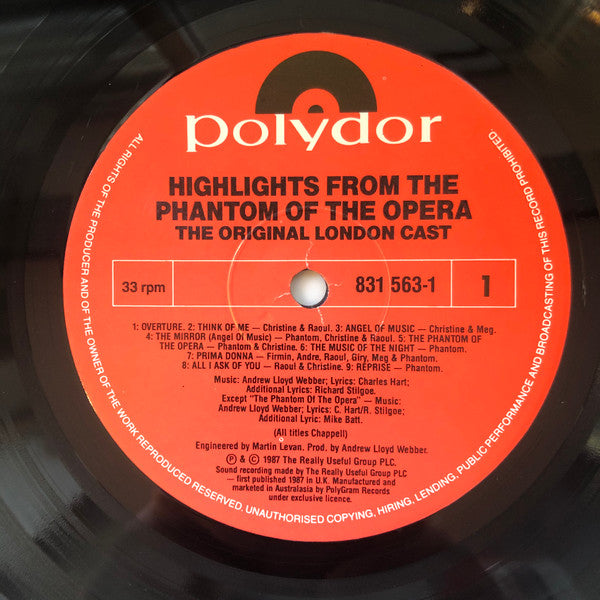 Andrew Lloyd Webber Starring Michael Crawford, Sarah Brightman, Steve Barton : Highlights From The Phantom Of The Opera (The Original London Cast) (LP, Album)