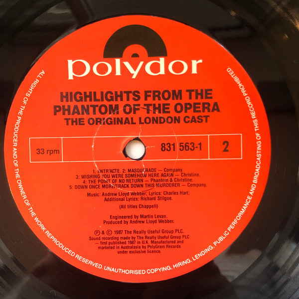Andrew Lloyd Webber Starring Michael Crawford, Sarah Brightman, Steve Barton : Highlights From The Phantom Of The Opera (The Original London Cast) (LP, Album)