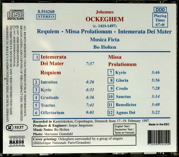 Johannes Ockeghem - Musica Ficta, Bo Holten : Requiem / Missa Prolationum / Intemerata Dei Mater (CD)