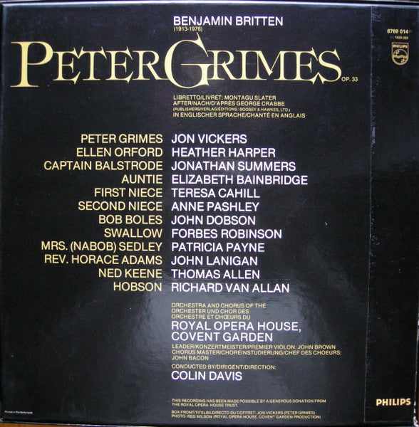 Benjamin Britten - Jon Vickers, Heather Harper, Jonathan Summers, Orchestra Of The Royal Opera House, Covent Garden And Chorus Of The Royal Opera House, Covent Garden / Sir Colin Davis : Peter Grimes  (3xLP, Album + Box)