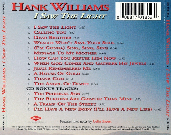 Hank Williams : I Saw The Light (CD, Album, Comp, RE, RM)