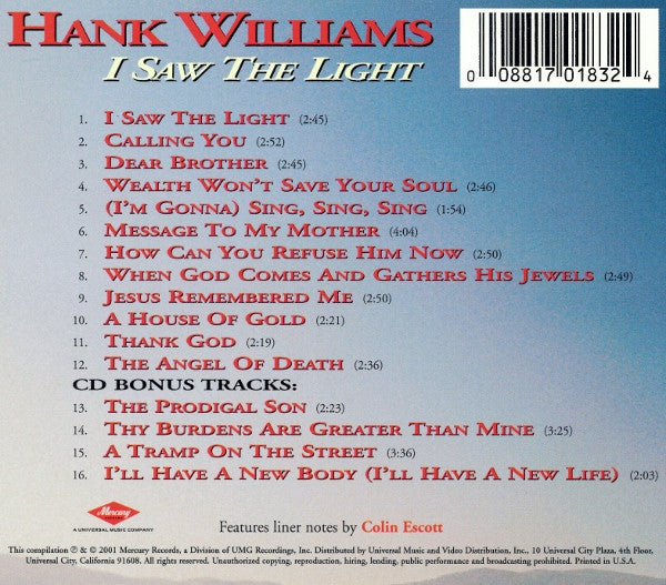 Hank Williams : I Saw The Light (CD, Album, Comp, RE, RM)