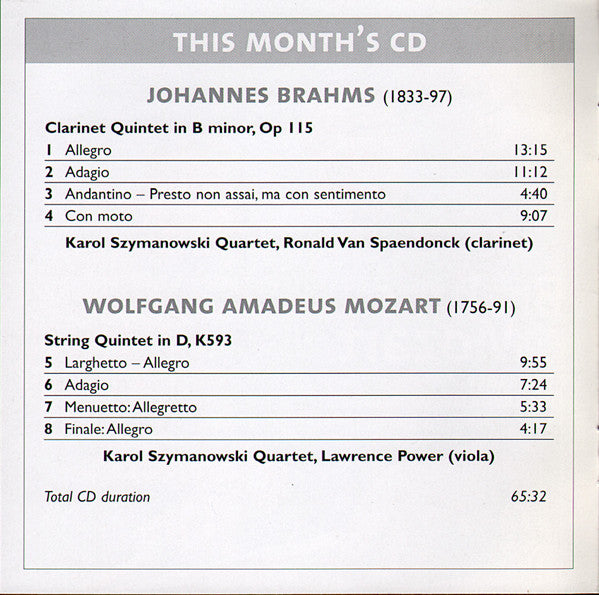Brahms* & Mozart* - Karol Szymanowski Quartet* : Quintets (CD, Album)