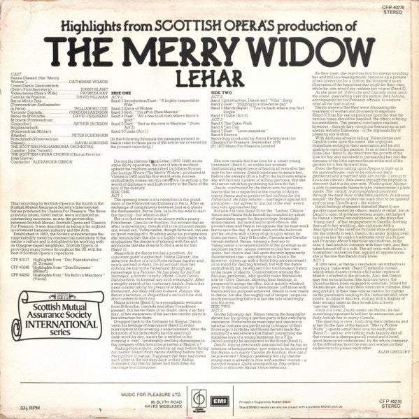 Franz Lehár - Catherine Wilson (8), Jonny Blanc, Patricia Hay, David Hillman (2), Scottish Opera Chorus, Scottish Philharmonia, Alexander Gibson : The Merry Widow - Highlights (LP, Album)