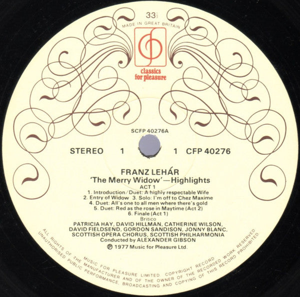 Franz Lehár - Catherine Wilson (8), Jonny Blanc, Patricia Hay, David Hillman (2), Scottish Opera Chorus, Scottish Philharmonia, Alexander Gibson : The Merry Widow - Highlights (LP, Album)