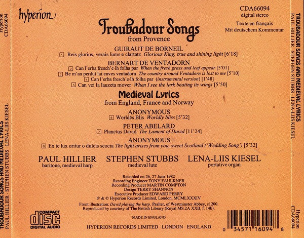 Paul Hillier, Stephen Stubbs, Lena-Liis Kiesel : Troubadour Songs And Medieval Lyrics (CD, Album)