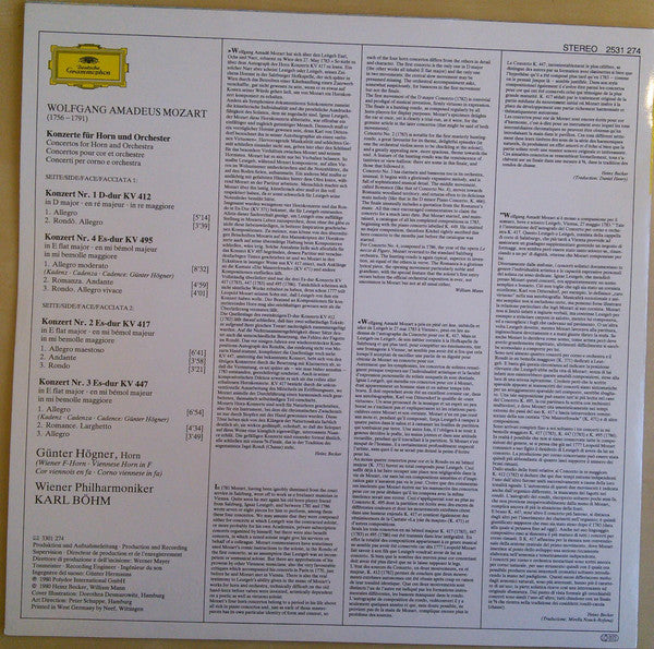 Wolfgang Amadeus Mozart, Günter Högner, Wiener Philharmoniker, Karl Böhm : Hornkonzerte - Horn Concertos (LP)