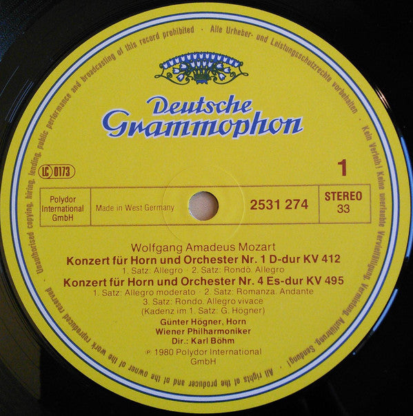 Wolfgang Amadeus Mozart, Günter Högner, Wiener Philharmoniker, Karl Böhm : Hornkonzerte - Horn Concertos (LP)