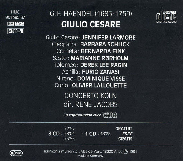 Haendel* - Jennifer Larmore, Barbara Schlick, Bernarda Fink, Marianne Rørholm, Derek Lee Ragin, Furio Zanasi, Dominique Visse, Olivier Lallouette, Concerto Köln, René Jacobs : Giulio Cesare (4xCD, Album + Box, Sli)